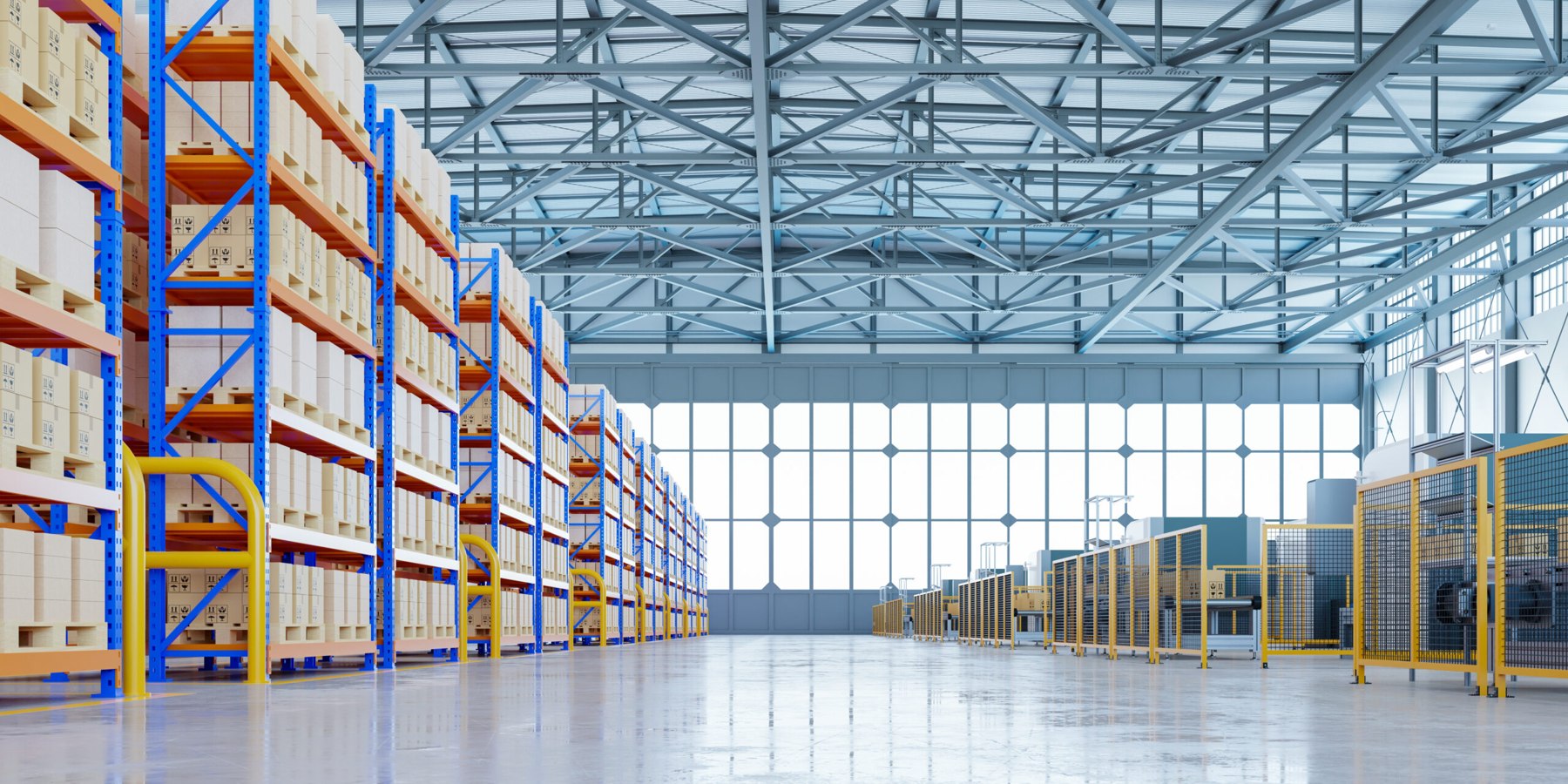 Interior de un almacén industrial con estanterías de suministros